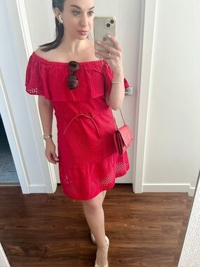 Likely Red Eyelet Off-Shoulder Dress